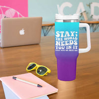 Suicide Prevention Awareness Tumbler With Handle Teal Purple Ribbon Stay World Needs You Call 988 Mental Health Groovy - Wonder Print Shop