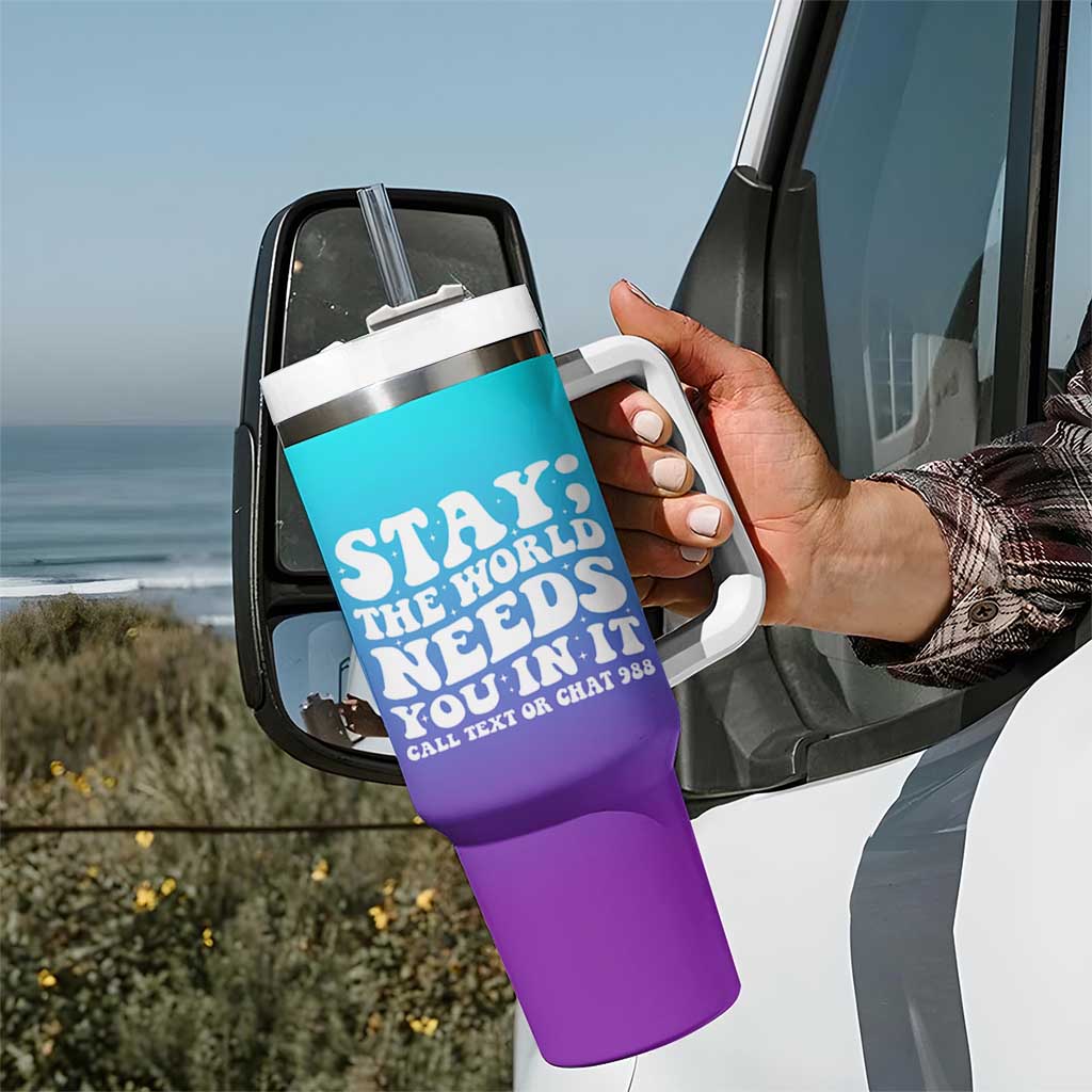 Suicide Prevention Awareness Tumbler With Handle Teal Purple Ribbon Stay World Needs You Call 988 Mental Health Groovy - Wonder Print Shop