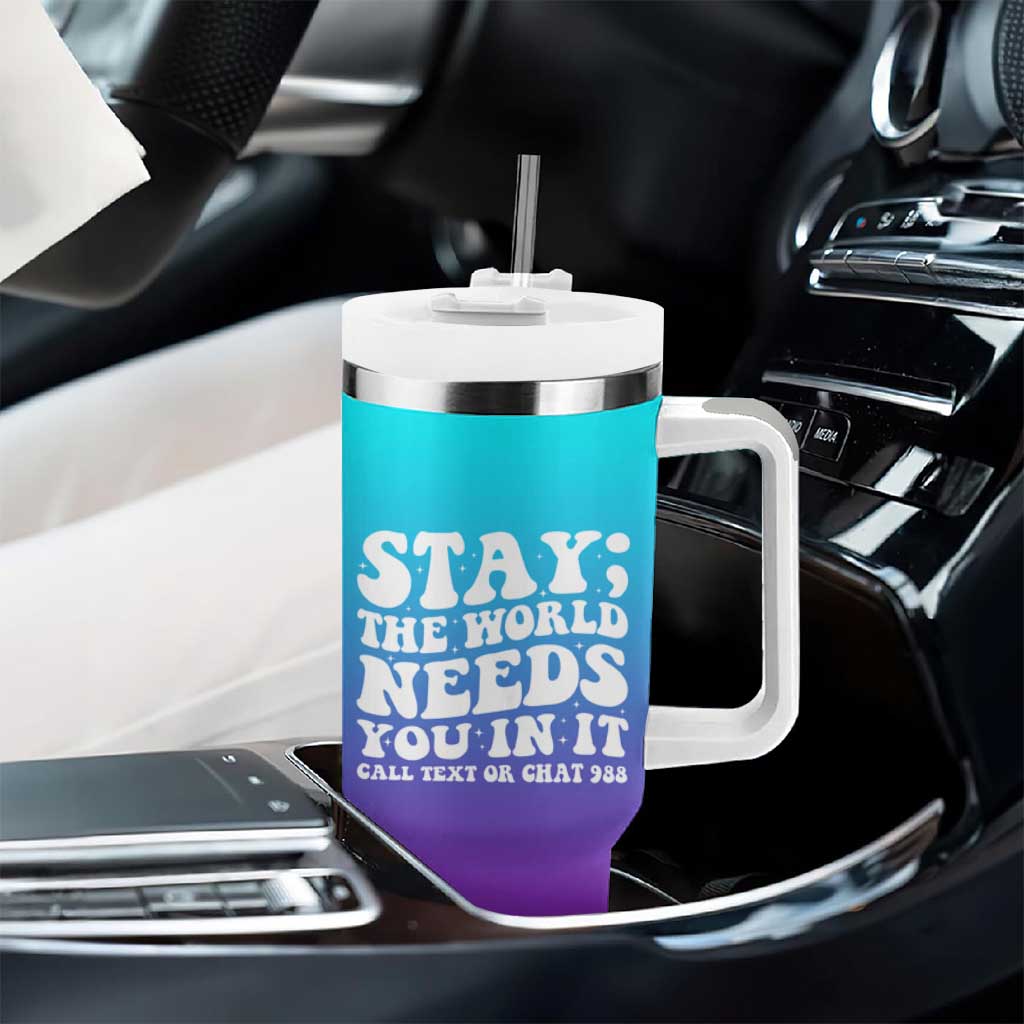 Suicide Prevention Awareness Tumbler With Handle Teal Purple Ribbon Stay World Needs You Call 988 Mental Health Groovy - Wonder Print Shop