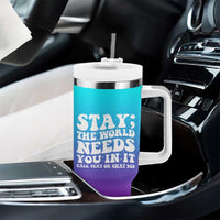 Suicide Prevention Awareness Tumbler With Handle Teal Purple Ribbon Stay World Needs You Call 988 Mental Health Groovy - Wonder Print Shop