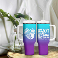 Suicide Prevention Awareness Tumbler With Handle Teal Purple Ribbon Stay World Needs You Call 988 Mental Health Groovy - Wonder Print Shop