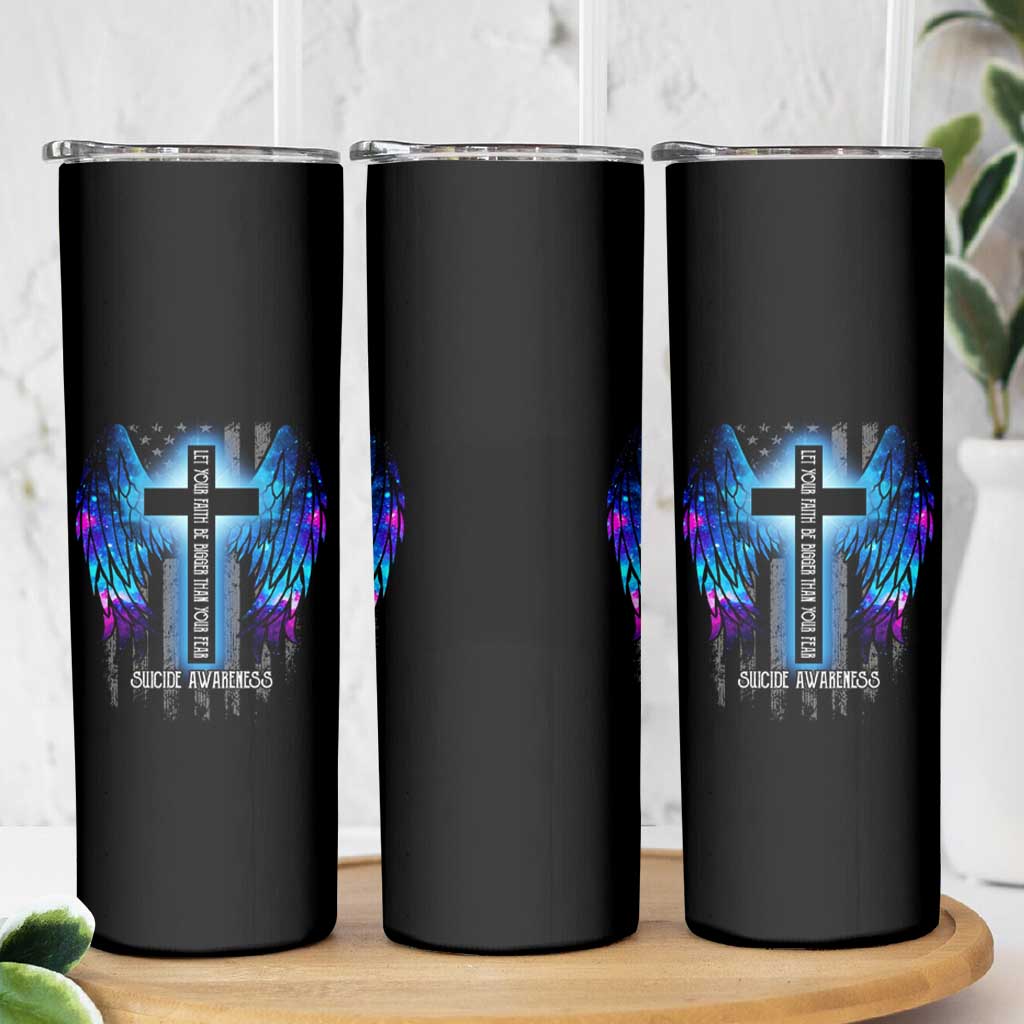 Suicide Prevention Awareness Skinny Tumbler Let Your Faith Be Bigger Than Your Fear Teal Purple Christian American Flag - Wonder Print Shop