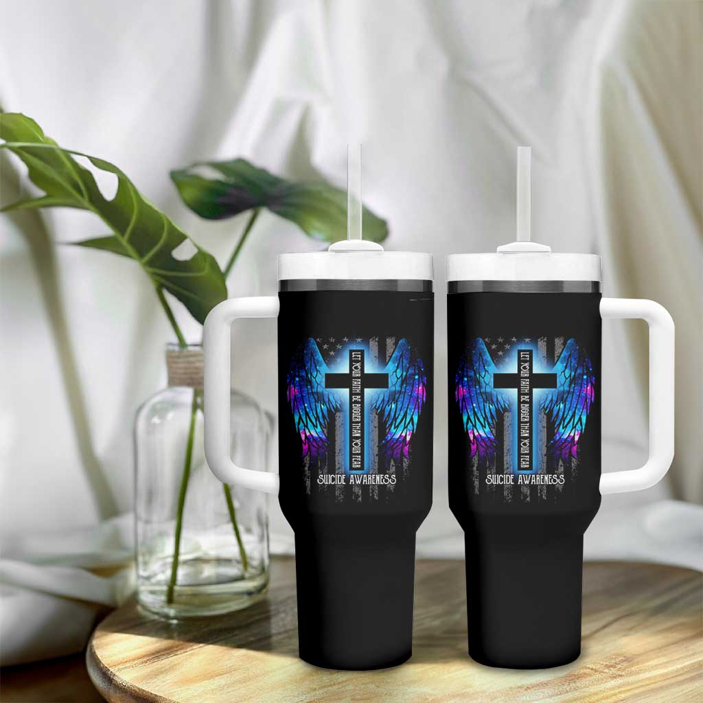 Suicide Prevention Awareness Tumbler With Handle Let Your Faith Be Bigger Than Your Fear Teal Purple Christian American Flag - Wonder Print Shop