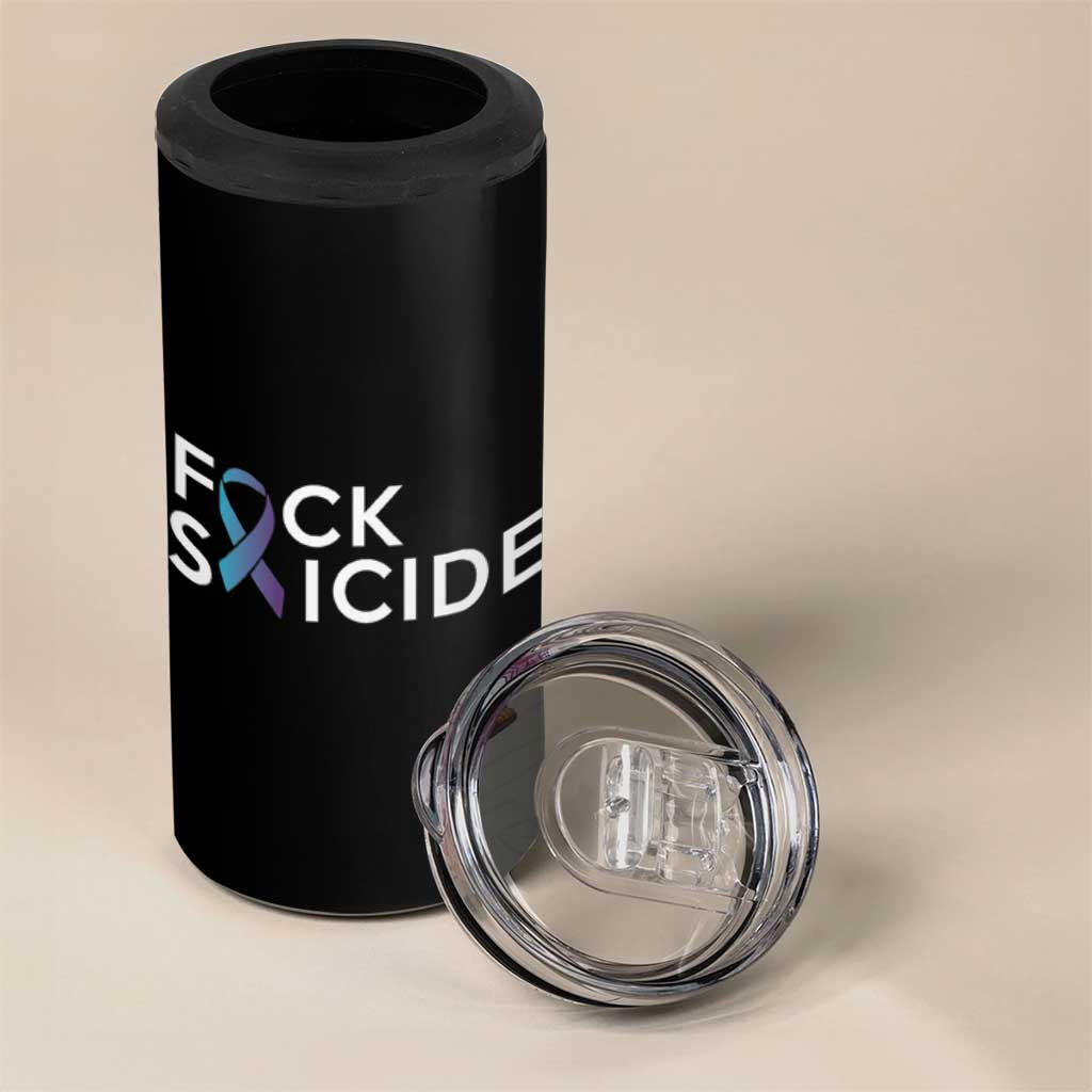 Suicide Prevention Awareness 4 in 1 Can Cooler Tumbler Teal Purple Ribbon Fuck Suicide - Wonder Print Shop