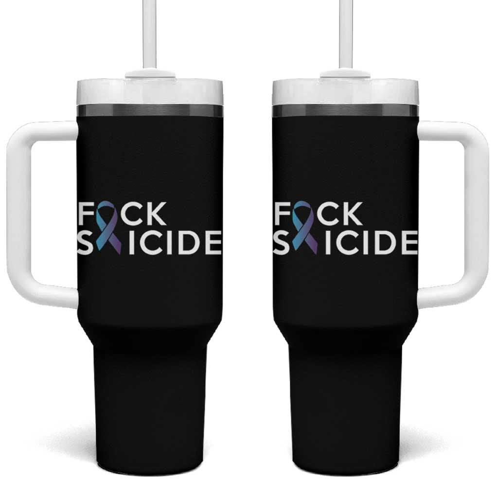 Suicide Prevention Awareness Tumbler With Handle Teal Purple Ribbon Fuck Suicide - Wonder Print Shop