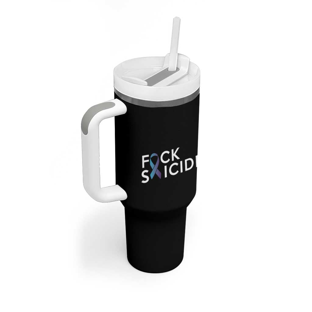 Suicide Prevention Awareness Tumbler With Handle Teal Purple Ribbon Fuck Suicide - Wonder Print Shop