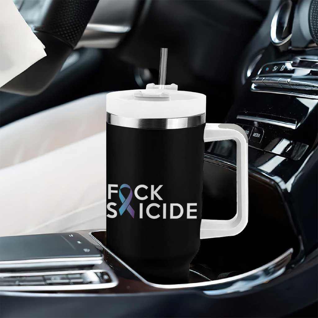Suicide Prevention Awareness Tumbler With Handle Teal Purple Ribbon Fuck Suicide - Wonder Print Shop