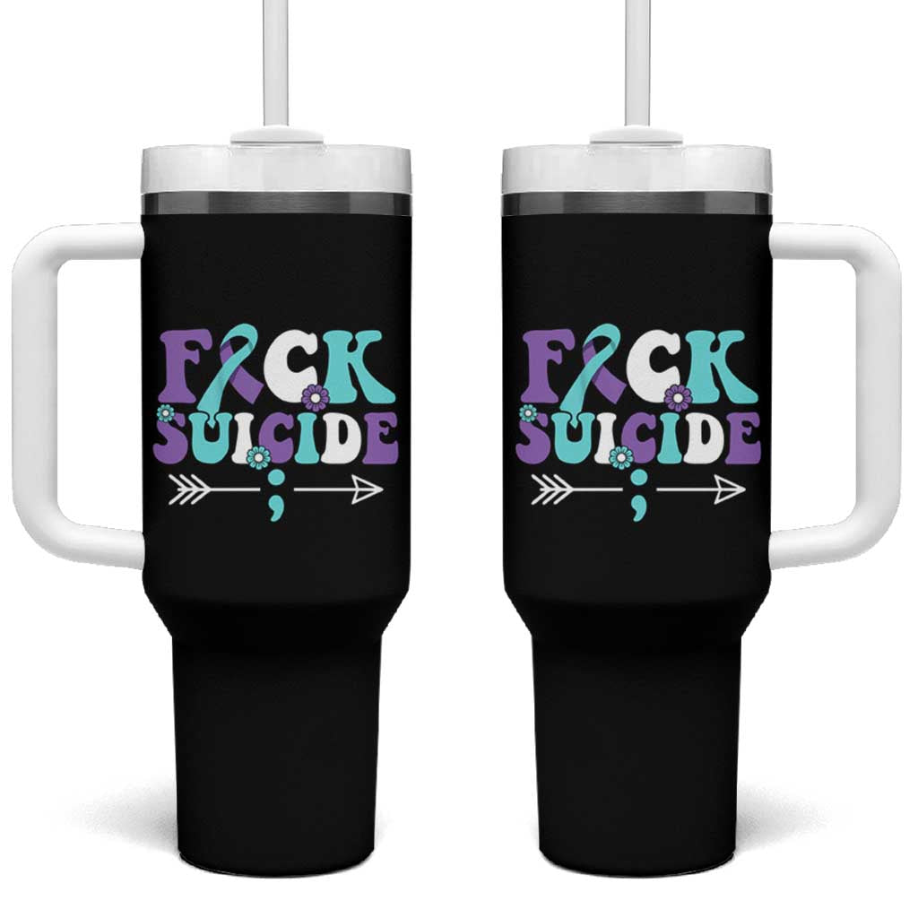 Suicide Prevention Awareness Tumbler With Handle Teal Purple Ribbon Fuck Suicide - Wonder Print Shop