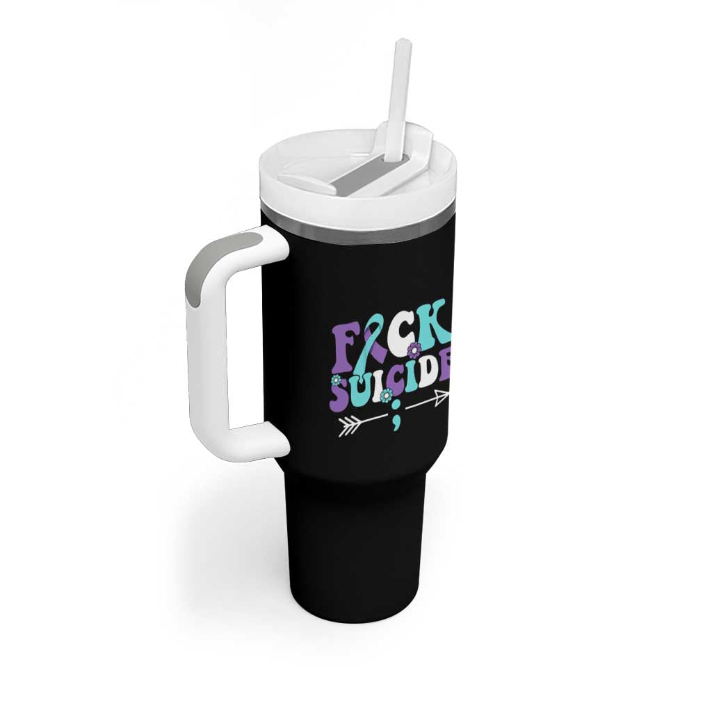 Suicide Prevention Awareness Tumbler With Handle Teal Purple Ribbon Fuck Suicide - Wonder Print Shop