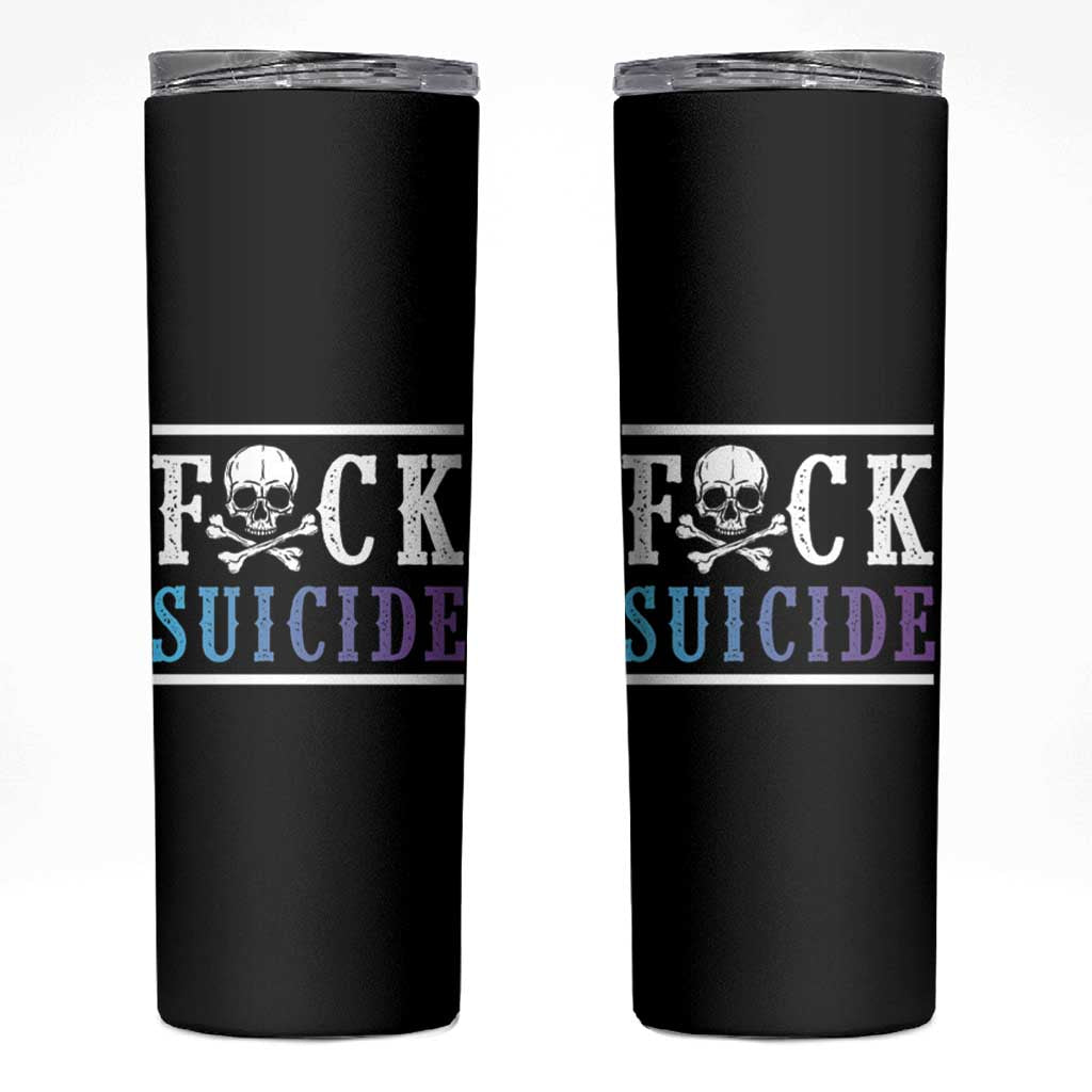 Suicide Prevention Awareness Skinny Tumbler Teal Purple Fuck Suicide Skull and Crossbones Skeleton - Wonder Print Shop