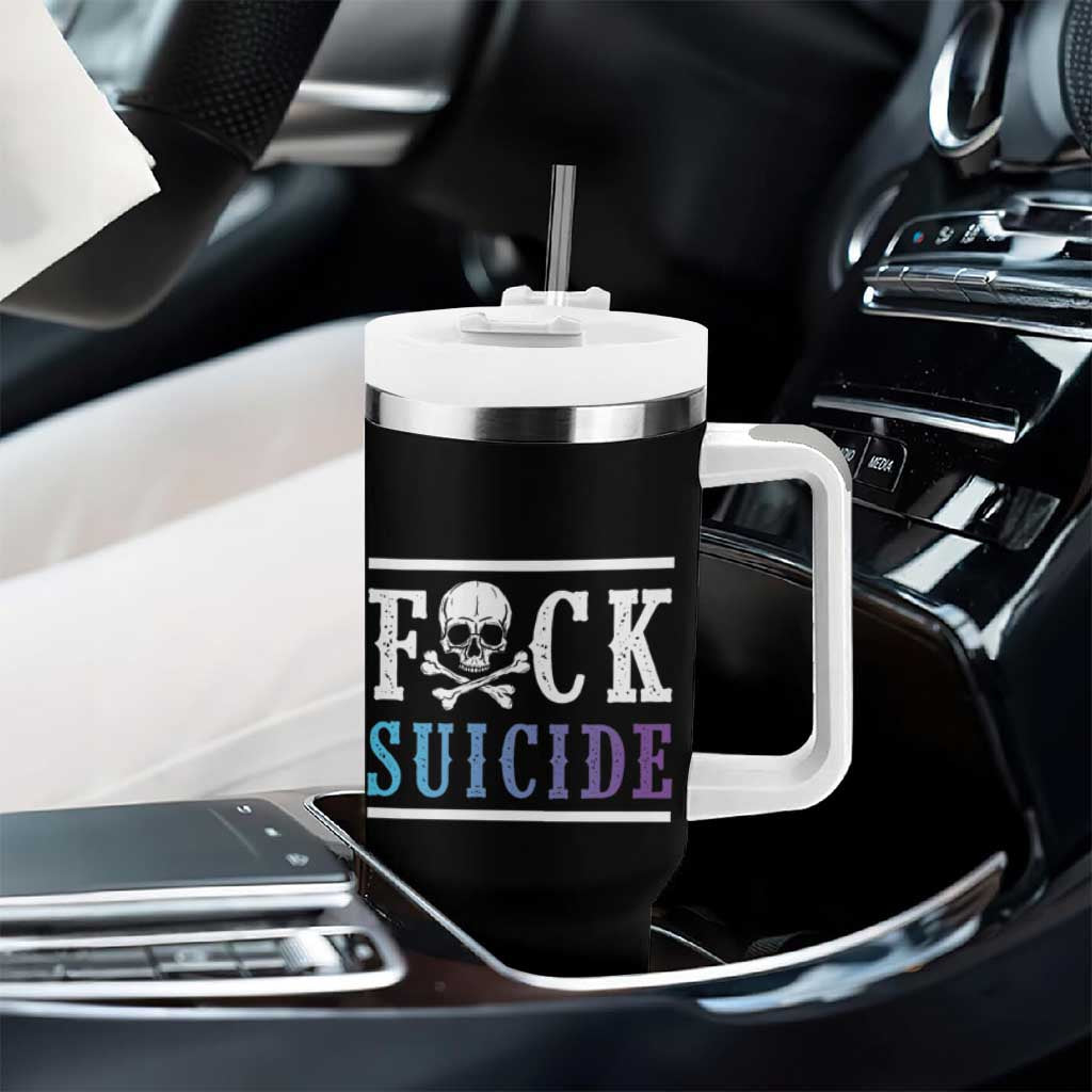 Suicide Prevention Awareness Tumbler With Handle Teal Purple Fuck Suicide Skull and Crossbones Skeleton - Wonder Print Shop