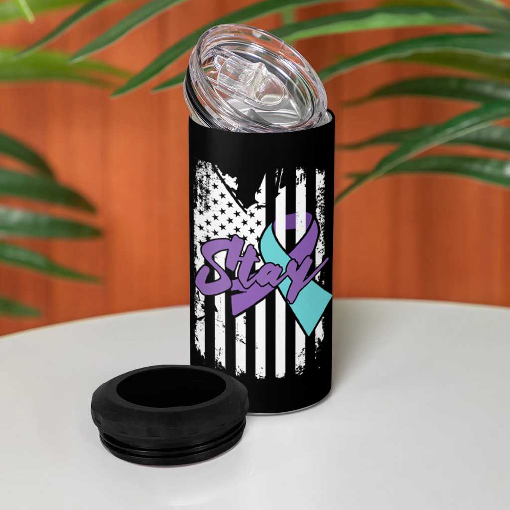 Suicide Prevention Awareness 4 in 1 Can Cooler Tumbler American Flag Teal & Purple Ribbon Support You Matter Therapist Psychologist - Wonder Print Shop
