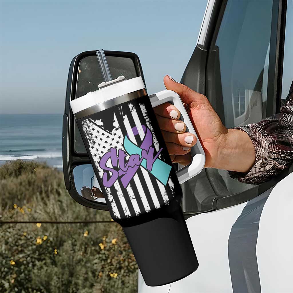 Suicide Prevention Awareness Tumbler With Handle American Flag Teal & Purple Ribbon Support You Matter Therapist Psychologist - Wonder Print Shop