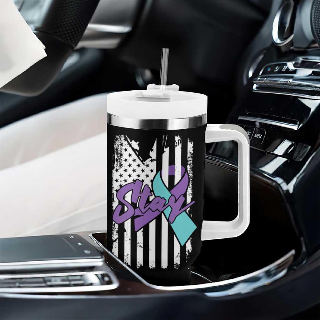 Suicide Prevention Awareness Tumbler With Handle American Flag Teal & Purple Ribbon Support You Matter Therapist Psychologist - Wonder Print Shop