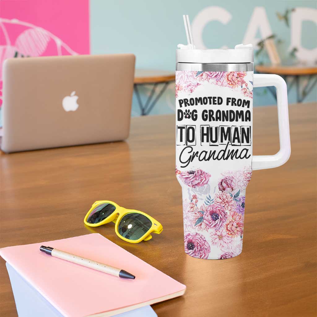 Promoted To Grandma Gift Tumbler With Handle Floral Dog Grandmas To Human Grandma Pregnancy Announcement