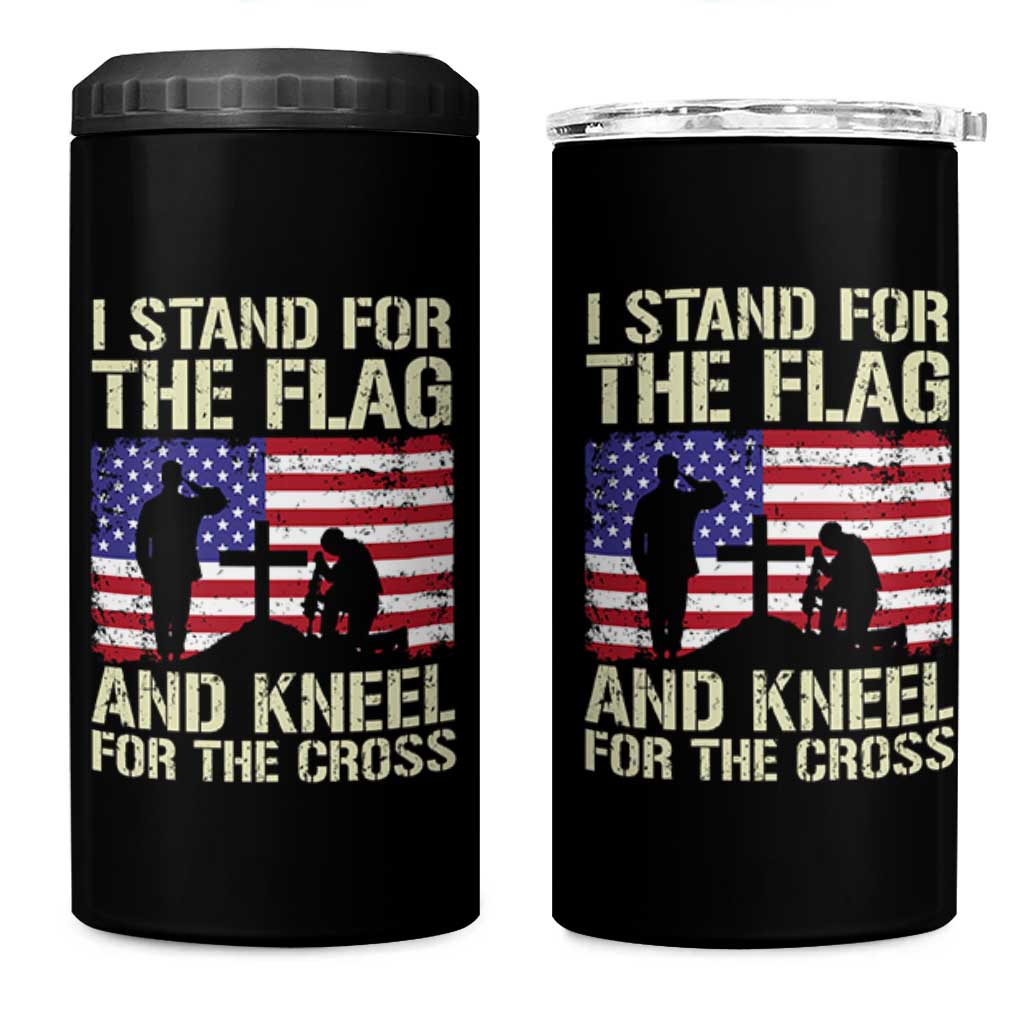Stand For The Flag Kneel For The Cross 4 in 1 Can Cooler Tumbler American Flag 4th Of July Patriotic Christian Faith