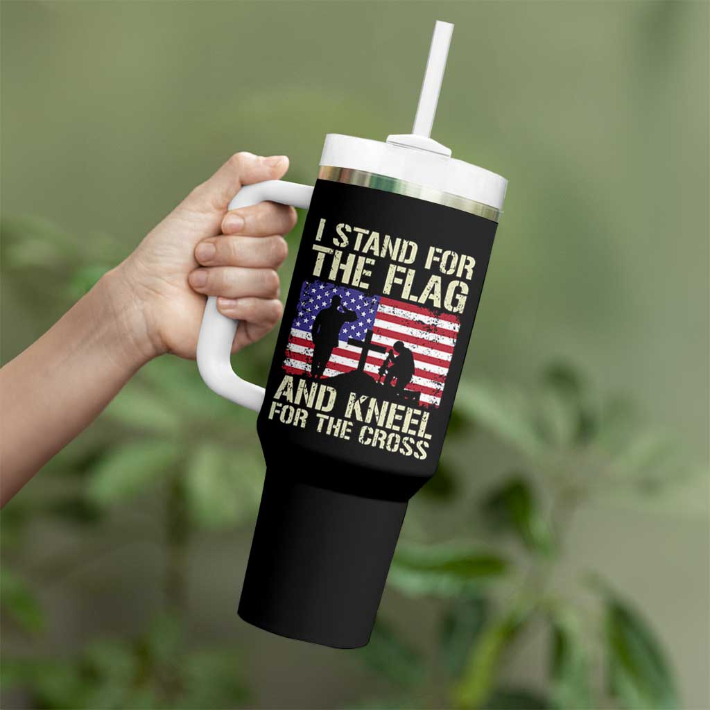 Stand For The Flag Kneel For The Cross Tumbler With Handle American Flag 4th Of July Patriotic Christian Faith