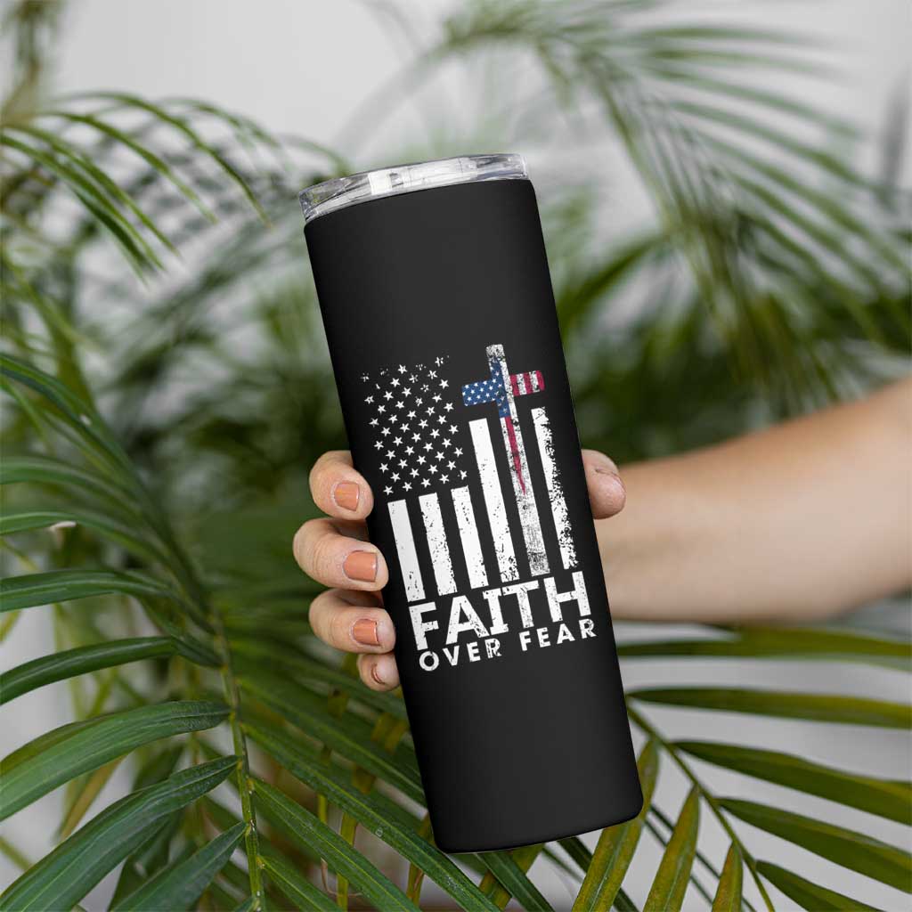 Christian Religious Sayings Skinny Tumbler USA Flag Patriotic American Gift Faith Over Fear Prayer - Wonder Print Shop