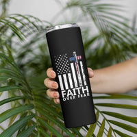 Christian Religious Sayings Skinny Tumbler USA Flag Patriotic American Gift Faith Over Fear Prayer - Wonder Print Shop