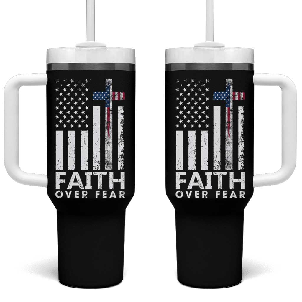 Christian Religious Sayings Tumbler With Handle USA Flag Patriotic American Gift Faith Over Fear Prayer - Wonder Print Shop