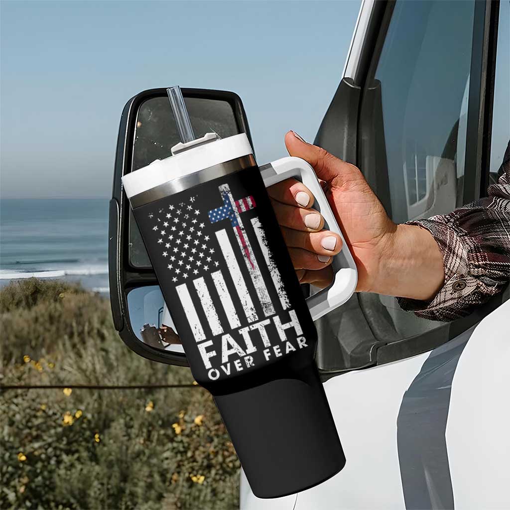 Christian Religious Sayings Tumbler With Handle USA Flag Patriotic American Gift Faith Over Fear Prayer - Wonder Print Shop