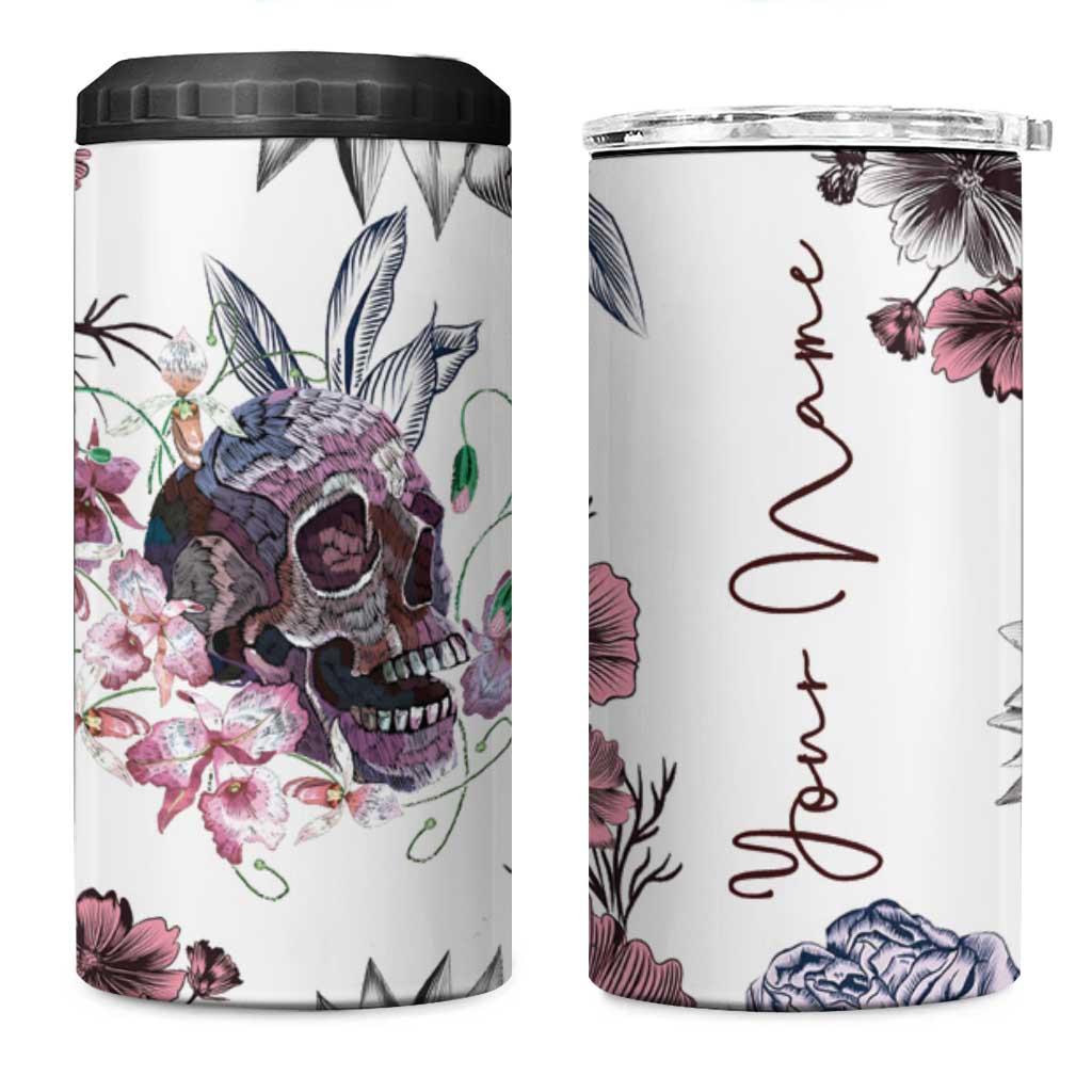 Personalized Floral Skull 4 in 1 Can Cooler Tumbler Custom Name Botanical Gothic Aesthetic Vibe - Wonder Print Shop