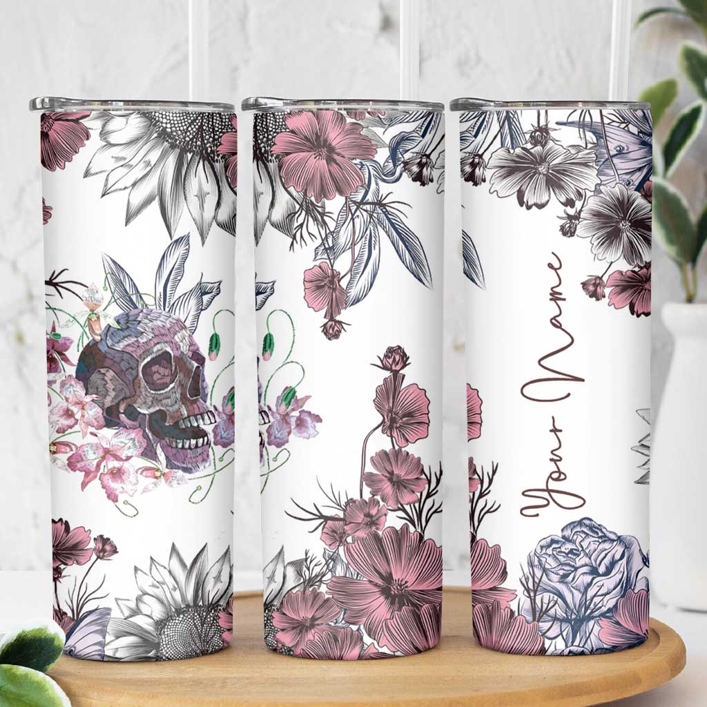 Personalized Floral Skull Skinny Tumbler Custom Name Botanical Gothic Aesthetic Vibe - Wonder Print Shop