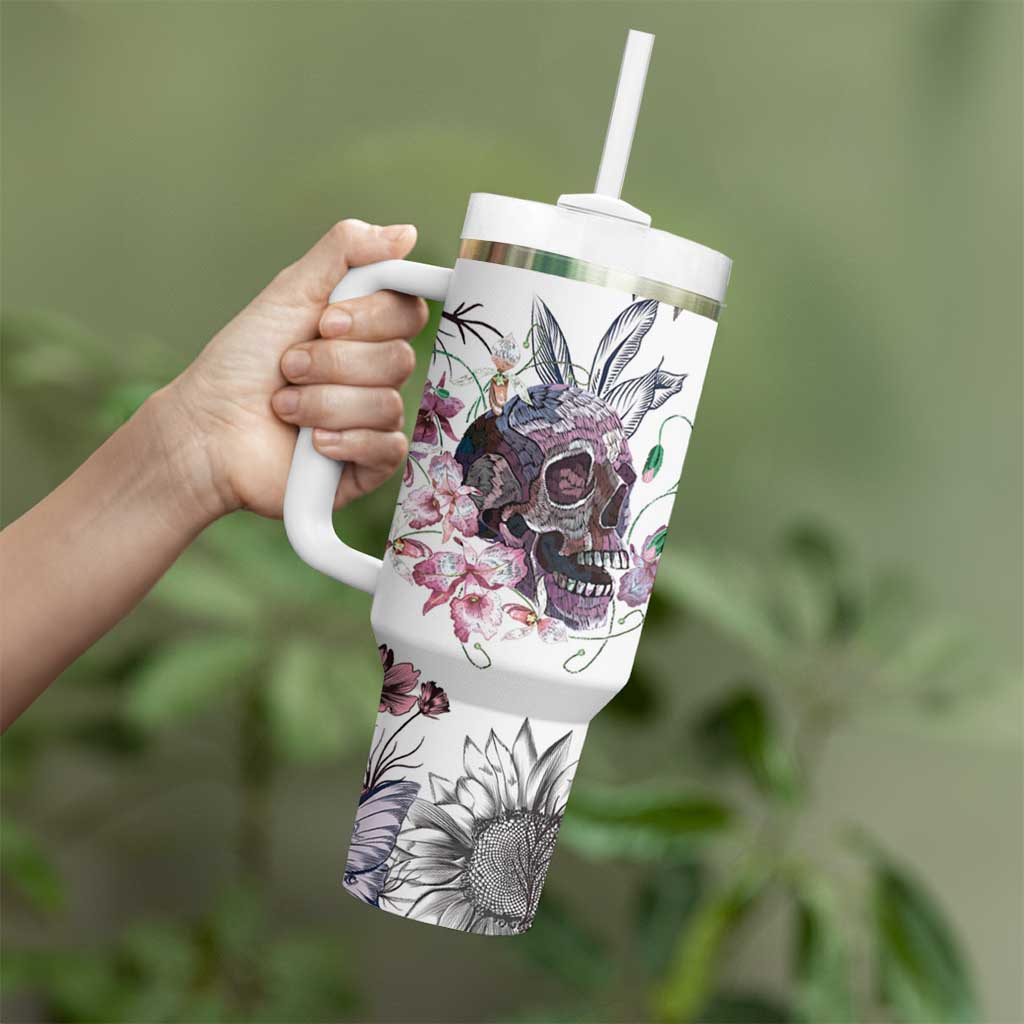 Personalized Floral Skull Tumbler With Handle Custom Name Botanical Gothic Aesthetic Vibe - Wonder Print Shop