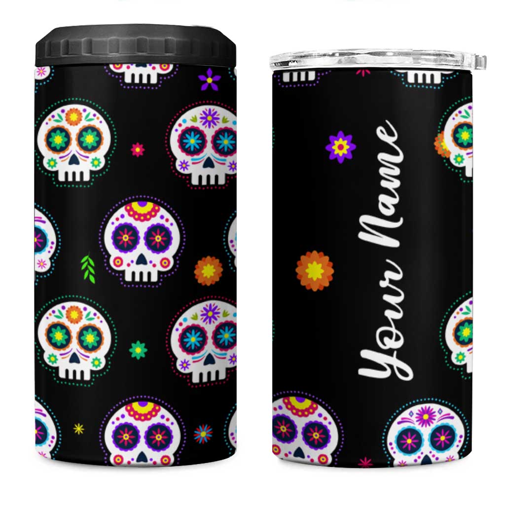 Personalized Sugar Skull 4 in 1 Can Cooler Tumbler Custom Name Da De Los Muertos Day Of The Dead Halloween Gift - Wonder Print Shop