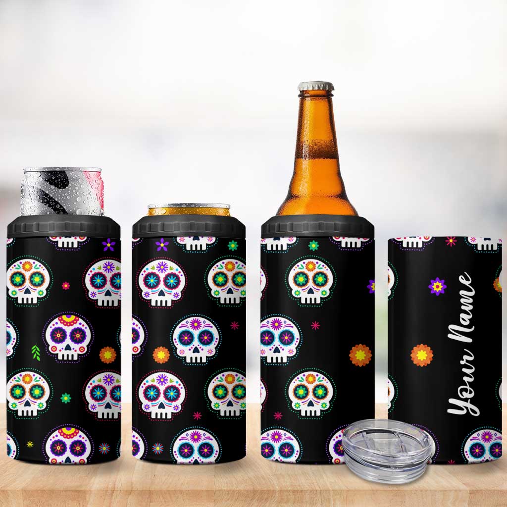 Personalized Sugar Skull 4 in 1 Can Cooler Tumbler Custom Name Da De Los Muertos Day Of The Dead Halloween Gift - Wonder Print Shop