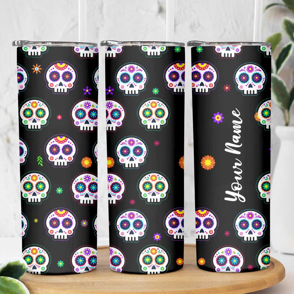 Personalized Sugar Skull Skinny Tumbler Custom Name Da De Los Muertos Day Of The Dead Halloween Gift - Wonder Print Shop
