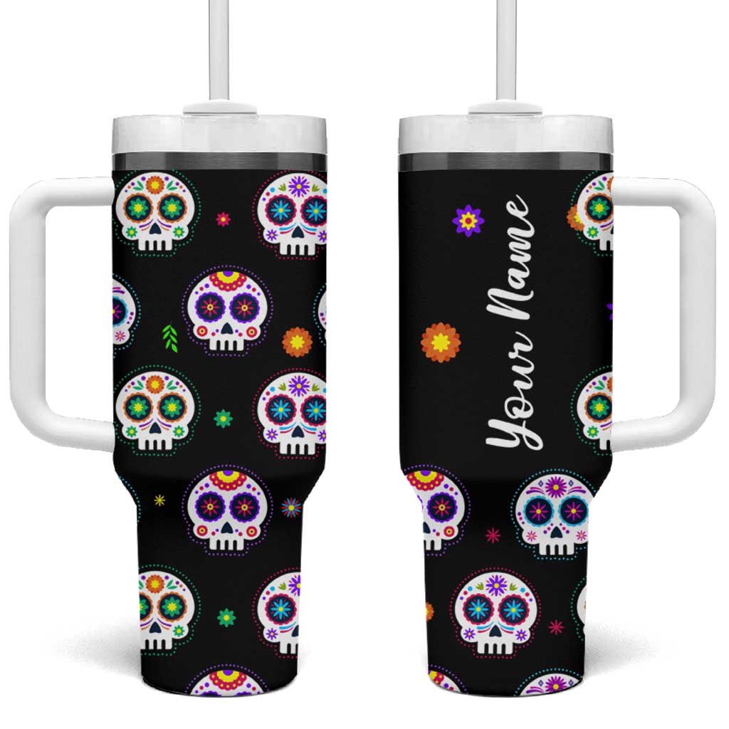 Personalized Sugar Skull Tumbler With Handle Custom Name Da De Los Muertos Day Of The Dead Halloween Gift - Wonder Print Shop