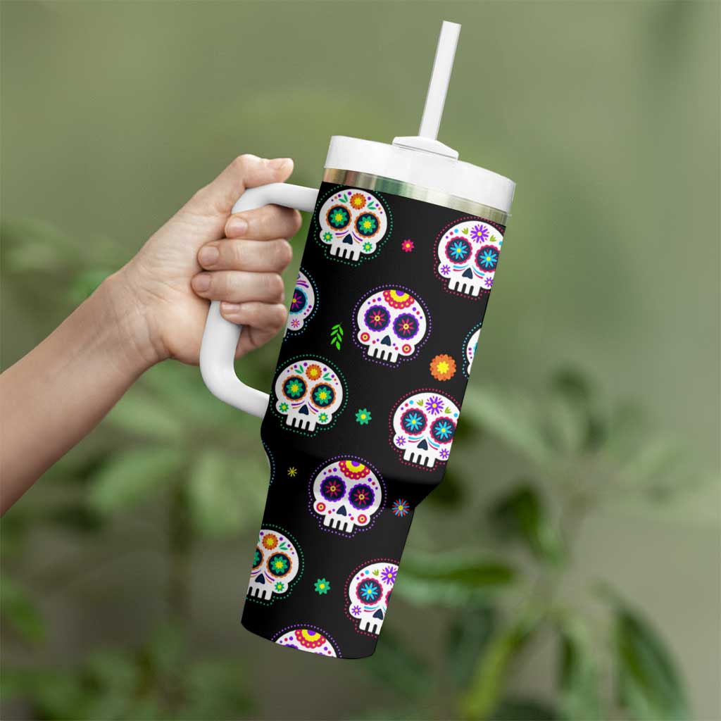 Personalized Sugar Skull Tumbler With Handle Custom Name Da De Los Muertos Day Of The Dead Halloween Gift - Wonder Print Shop