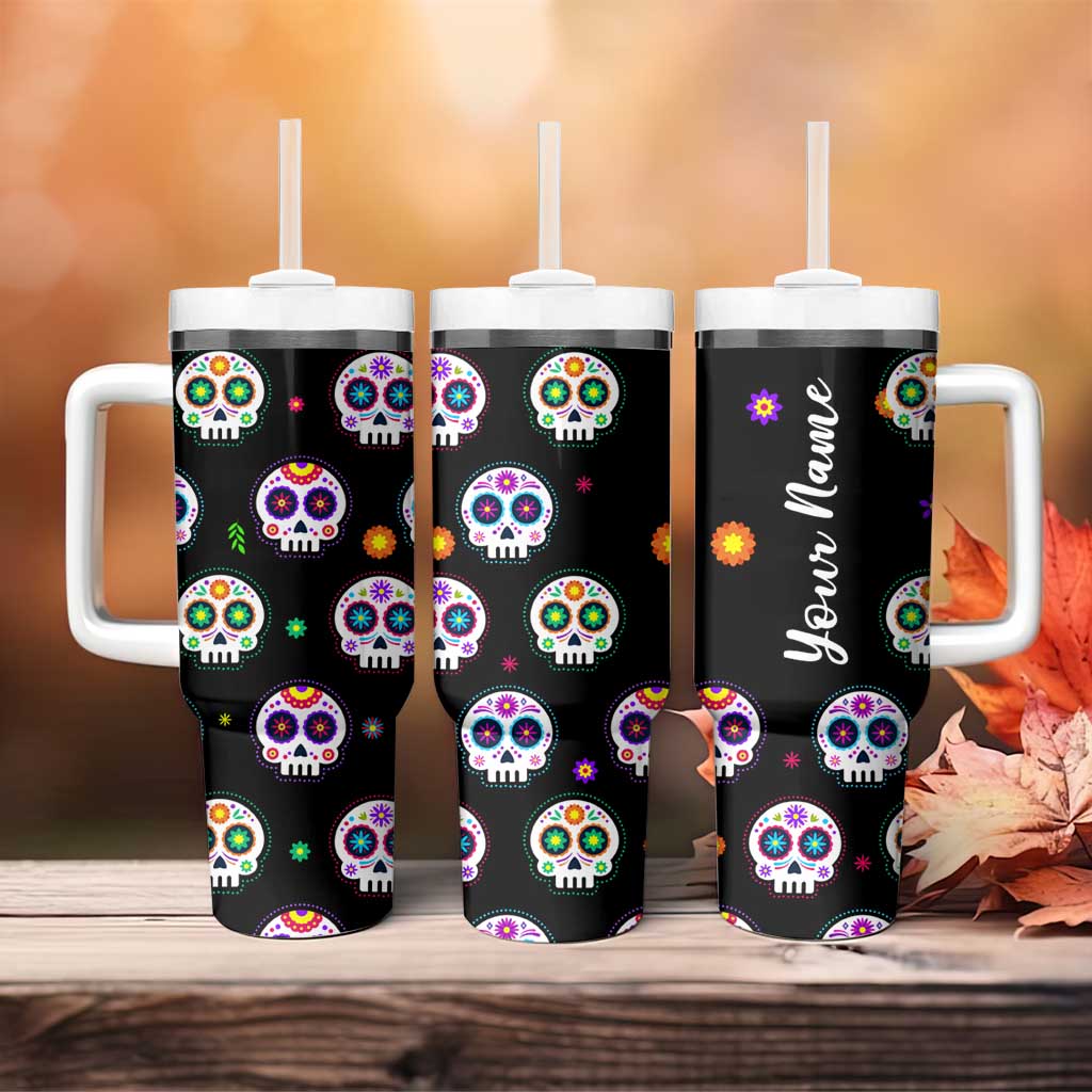 Personalized Sugar Skull Tumbler With Handle Custom Name Da De Los Muertos Day Of The Dead Halloween Gift - Wonder Print Shop
