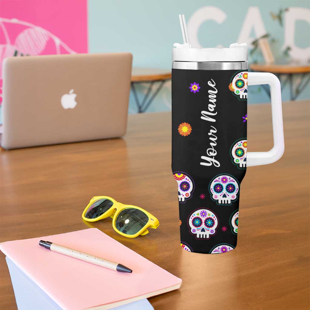 Personalized Sugar Skull Tumbler With Handle Custom Name Da De Los Muertos Day Of The Dead Halloween Gift - Wonder Print Shop