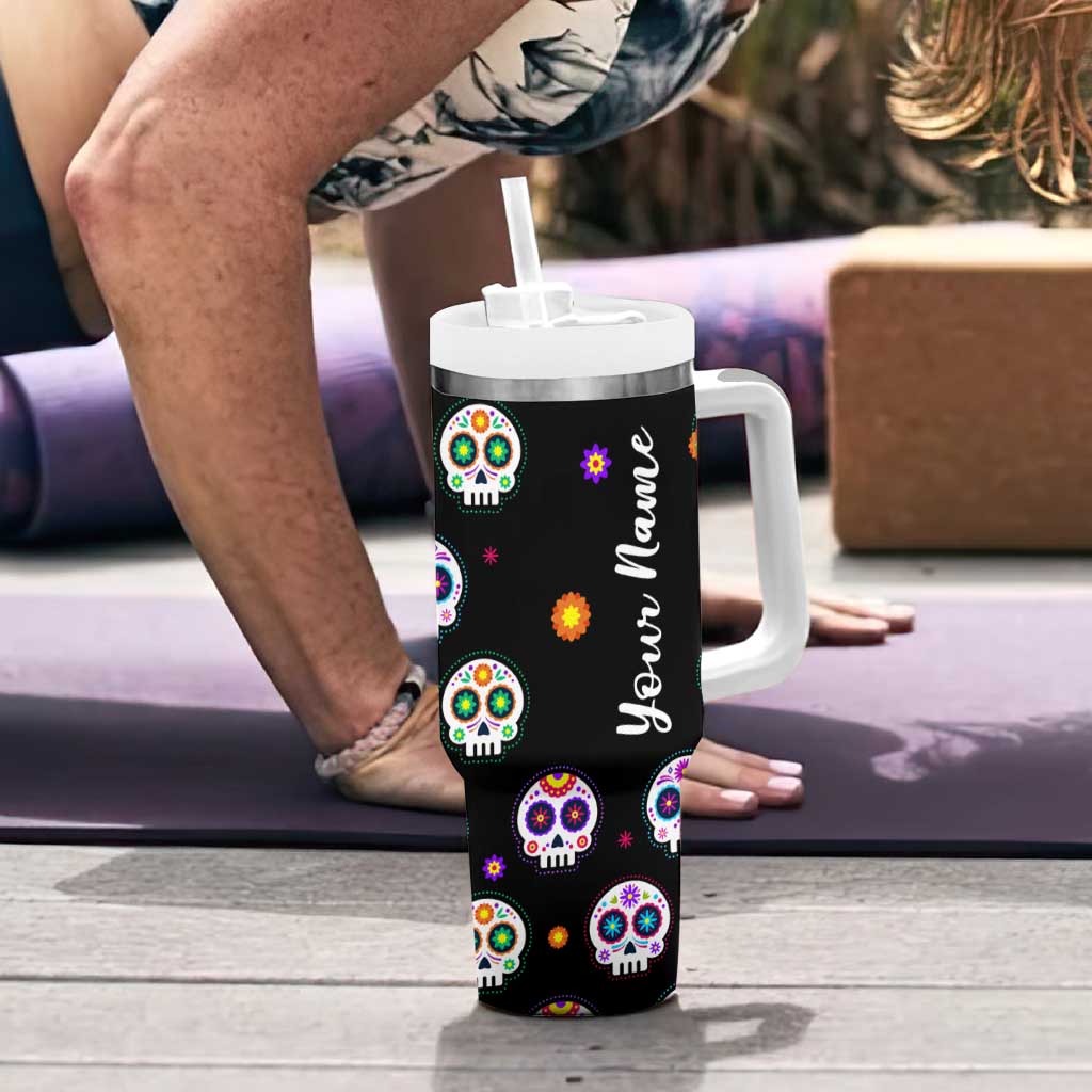 Personalized Sugar Skull Tumbler With Handle Custom Name Da De Los Muertos Day Of The Dead Halloween Gift - Wonder Print Shop