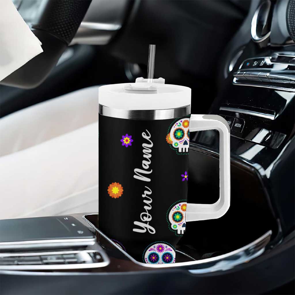 Personalized Sugar Skull Tumbler With Handle Custom Name Da De Los Muertos Day Of The Dead Halloween Gift - Wonder Print Shop