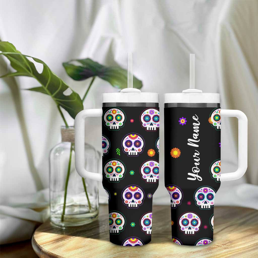 Personalized Sugar Skull Tumbler With Handle Custom Name Da De Los Muertos Day Of The Dead Halloween Gift - Wonder Print Shop