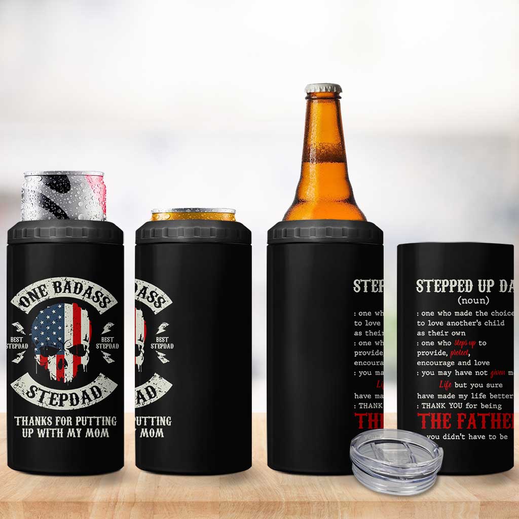 One Badass Stepdad 4 in 1 Can Cooler Tumbler Best Effin Bonus Dad Gifts Stepped Up Dads US Flag Skull - Wonder Print Shop