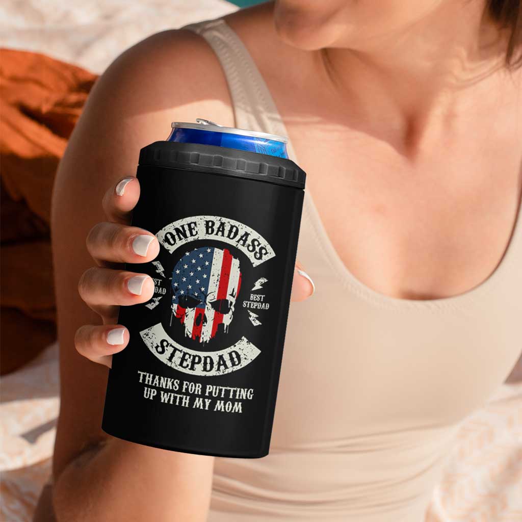 One Badass Stepdad 4 in 1 Can Cooler Tumbler Best Effin Bonus Dad Gifts Stepped Up Dads US Flag Skull - Wonder Print Shop
