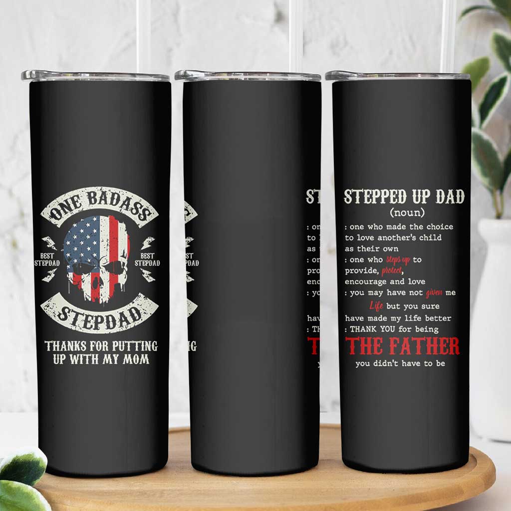 One Badass Stepdad Skinny Tumbler Best Effin Bonus Dad Gifts Stepped Up Dads US Flag Skull - Wonder Print Shop