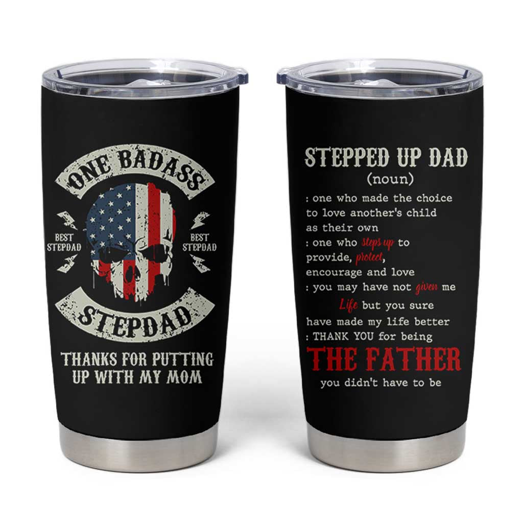 One Badass Stepdad Tumbler Cup Best Effin Bonus Dad Gifts Stepped Up Dads US Flag Skull - Wonder Print Shop