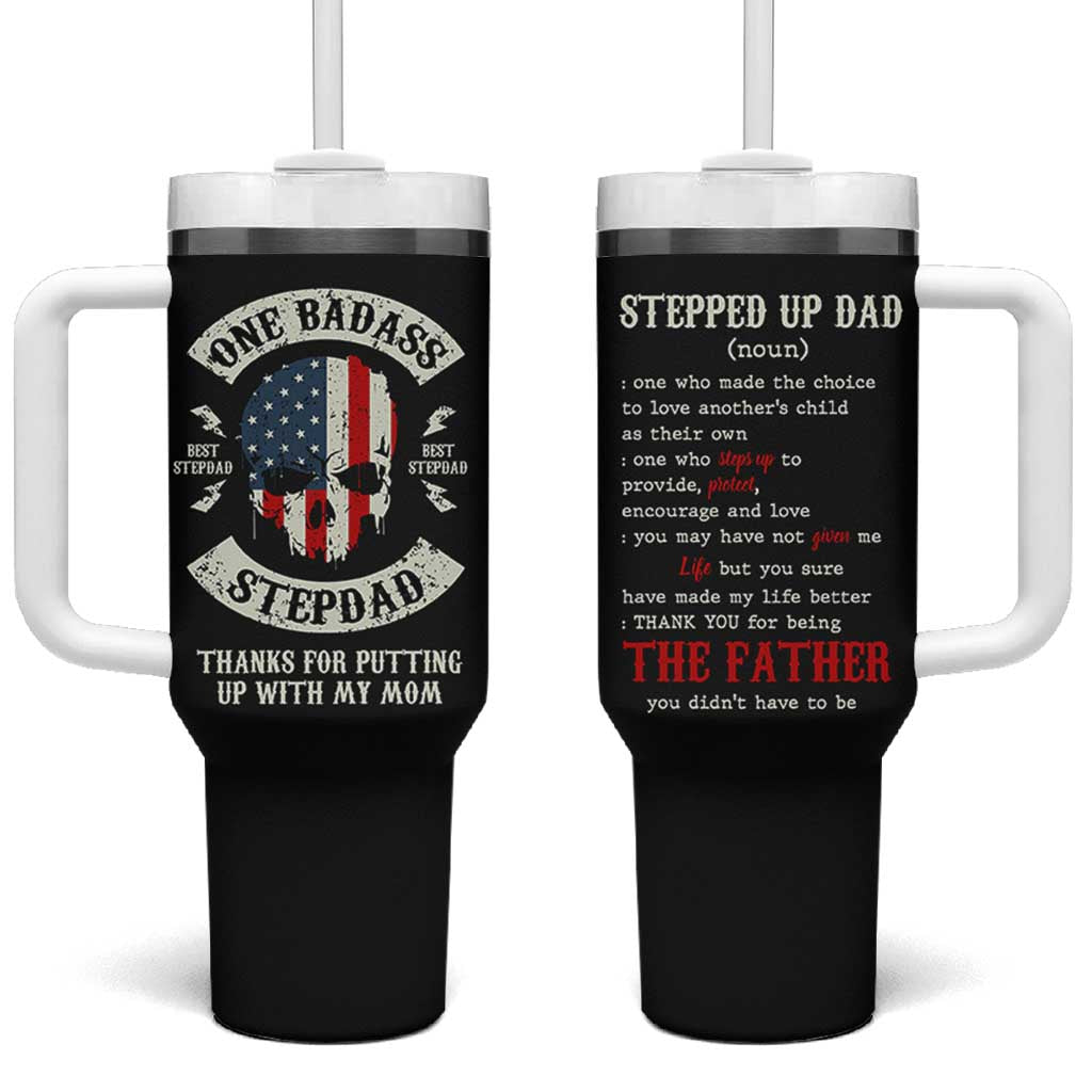 One Badass Stepdad Tumbler With Handle Best Effin Bonus Dad Gifts Stepped Up Dads US Flag Skull - Wonder Print Shop