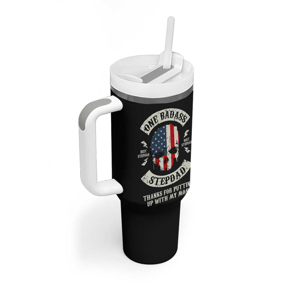 One Badass Stepdad Tumbler With Handle Best Effin Bonus Dad Gifts Stepped Up Dads US Flag Skull - Wonder Print Shop