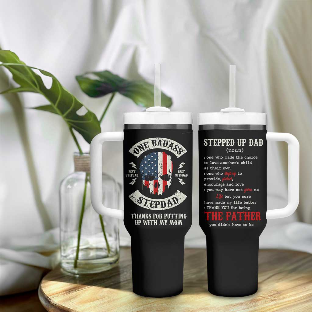 One Badass Stepdad Tumbler With Handle Best Effin Bonus Dad Gifts Stepped Up Dads US Flag Skull - Wonder Print Shop