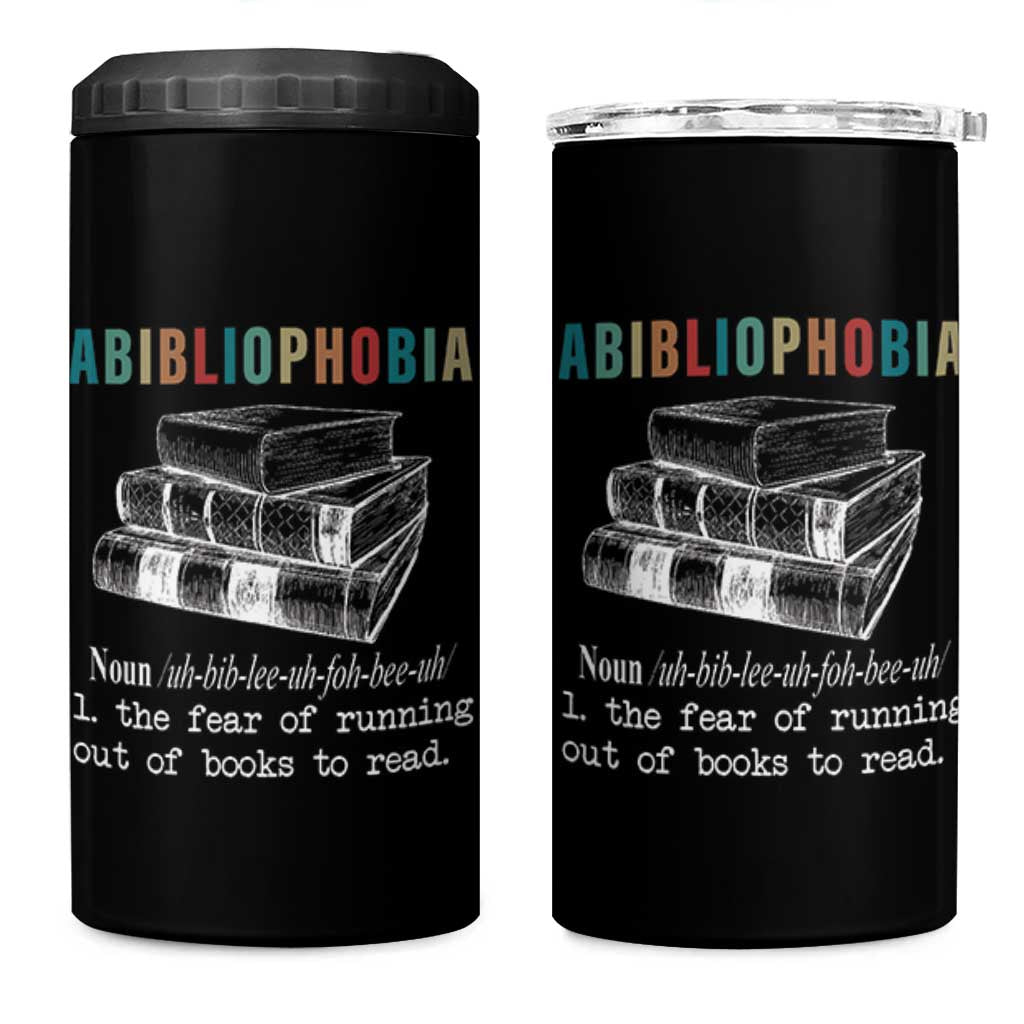 Funny Book Lovers 4 in 1 Can Cooler Tumbler Abibliophobia Hilarious Bookworm