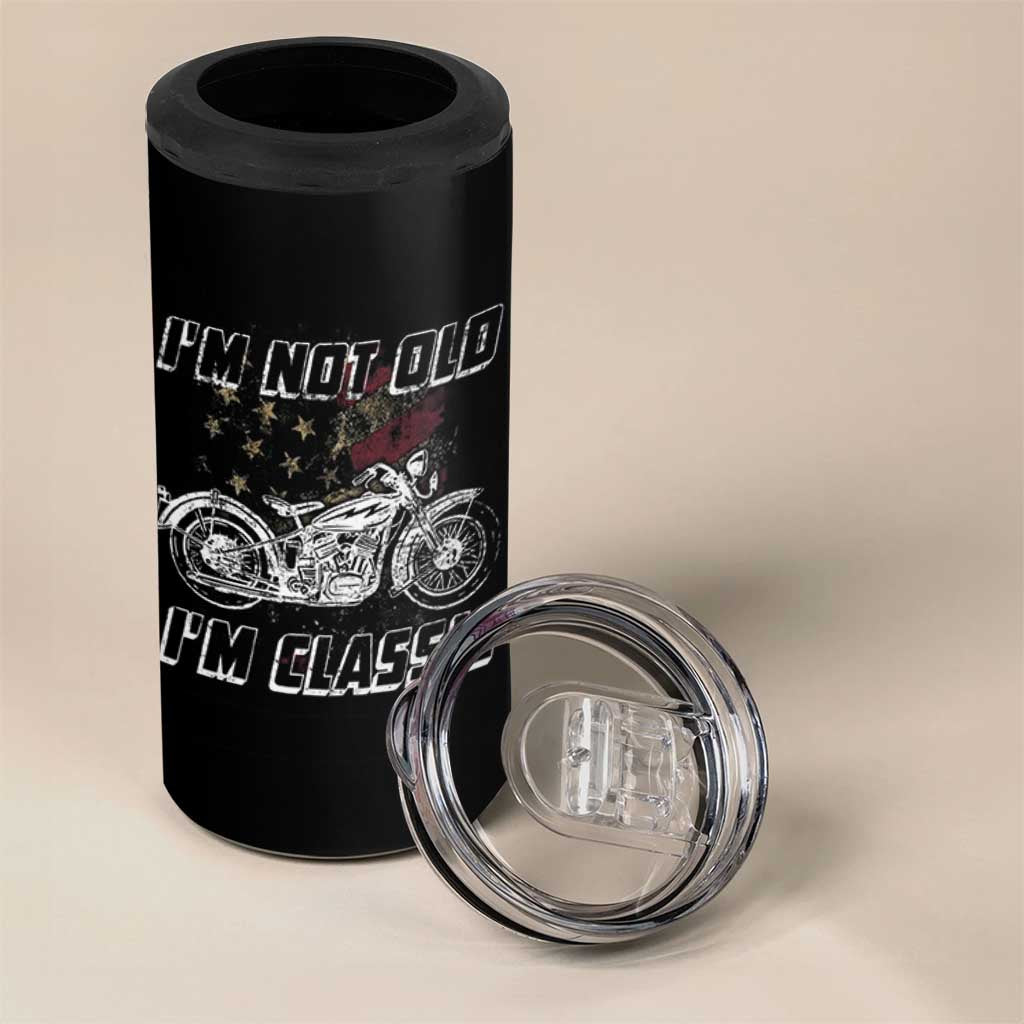Funny Biker 4 in 1 Can Cooler Tumbler Im Not Old Im Classic Vintage Motorcycle USA Flag