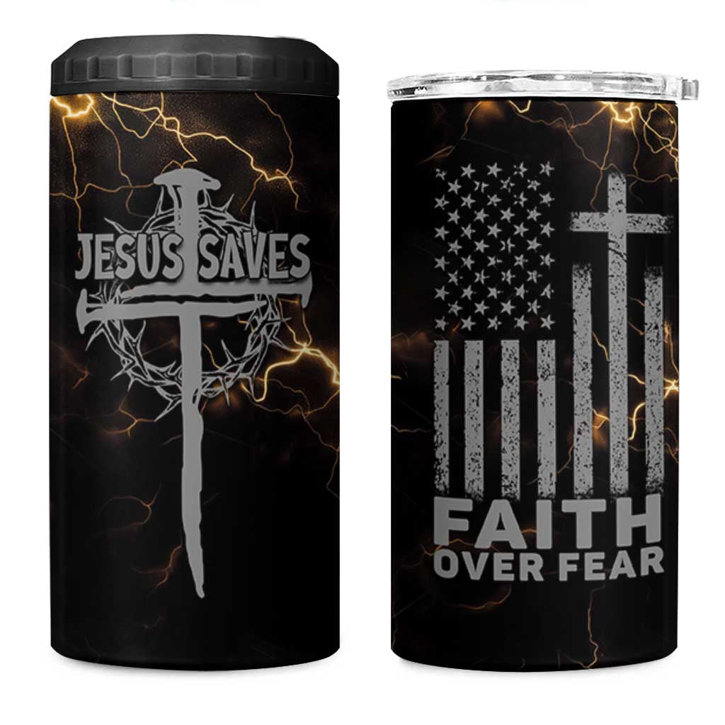 Christian Faith Over Fear 4 in 1 Can Cooler Tumbler Religious Jesus Saves Cross US Flag Prayer Patriotic - Wonder Print Shop