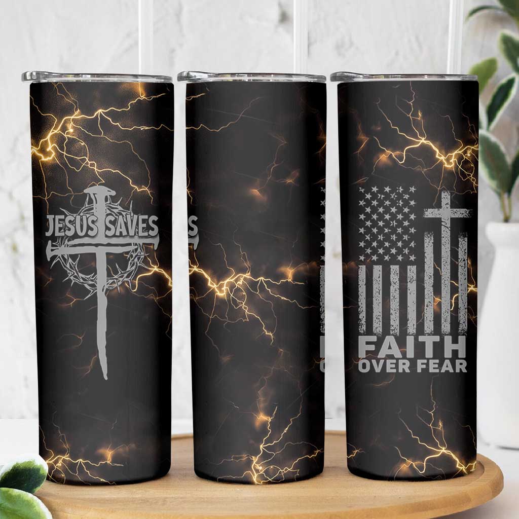 Christian Faith Over Fear Skinny Tumbler Religious Jesus Saves Cross US Flag Prayer Patriotic - Wonder Print Shop