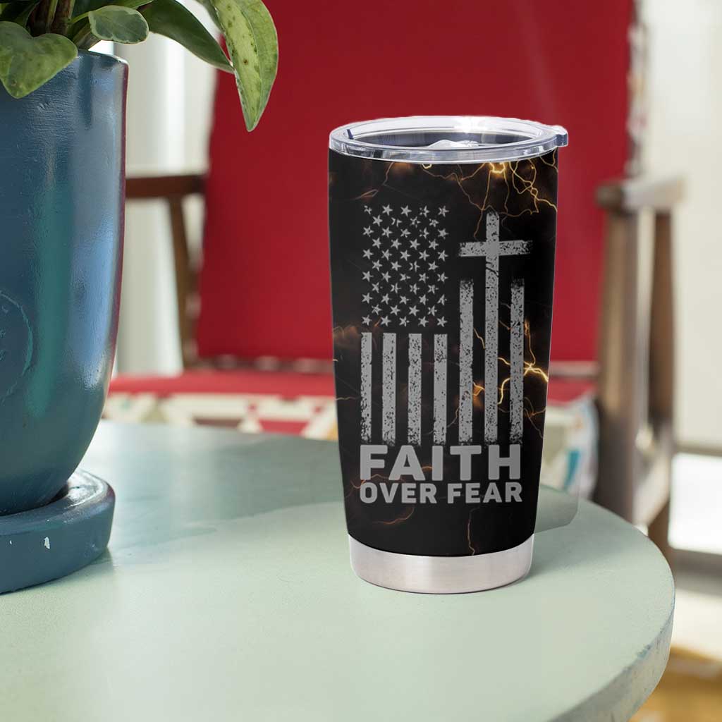 Christian Faith Over Fear Tumbler Cup Religious Jesus Saves Cross US Flag Prayer Patriotic - Wonder Print Shop